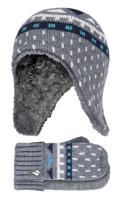 Heat Holders Jongens Nepbont Pom Pom Muts & Wanten - Pebble Melange - Image 1