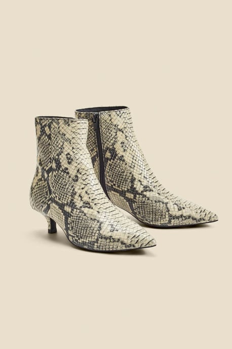 Snake Print Leather Kitten Heel Ankle Boots