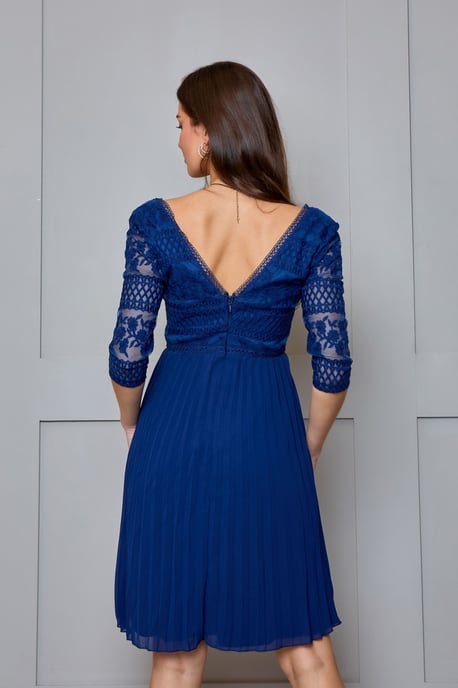 Long Sleeve V Neck Midi Dress in Navy