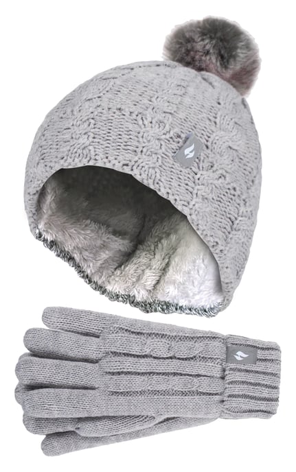 Heat Holders Meisjes Cable Bobble Muts En Handschoenen Set - Frost Gray Melange - Image 1