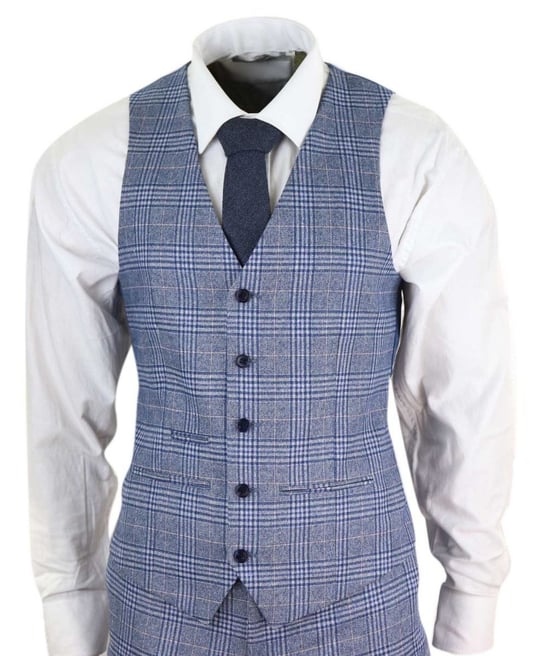 Heren 3-delige Blauw Grijze Tweed Check Vintage Retro Pak - Image 2