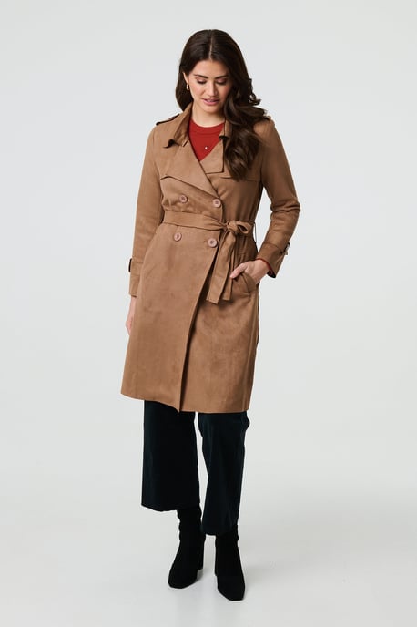 Brown Suede Tie Waist Button Front Trench Coat
