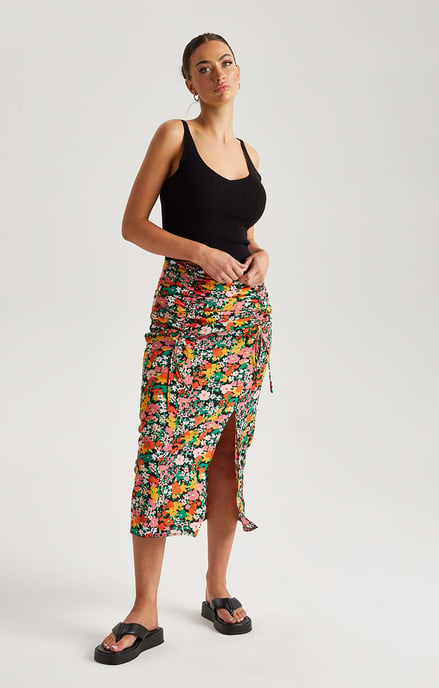 Pink Floral Ruched Midi Skirt