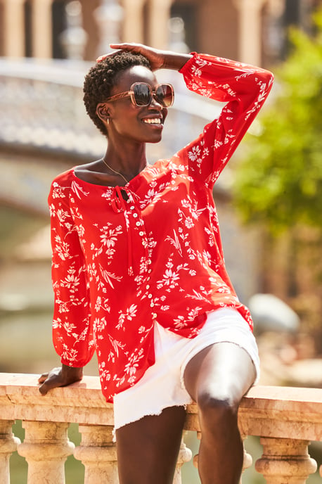 Red Floral Print Button Front Blouse