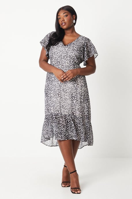Curve Mono Abstract Chiffon Flutter Sleeve Midi Dress