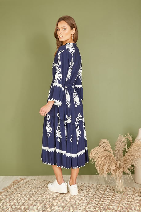 Navy Viscose Midi Dress With Long Sleeves