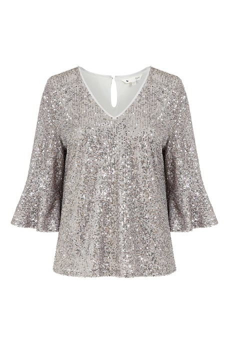 Silver Sequin Top With Fluted Sleeve