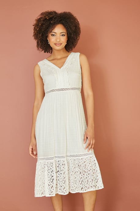 White Lace And Dobby Cotton Midi Sundress Dress