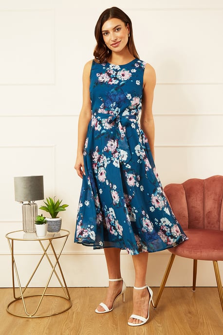 Teal Watercolour Floral Skater Dress