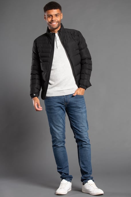 Black Funnel Neck Padded Jacket With Zip Fastening