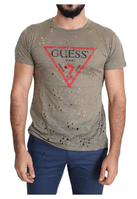 Guess Heren Bruine Katoen Stretch Logo Print Casual Geperforeerde T-shirt - Image 1