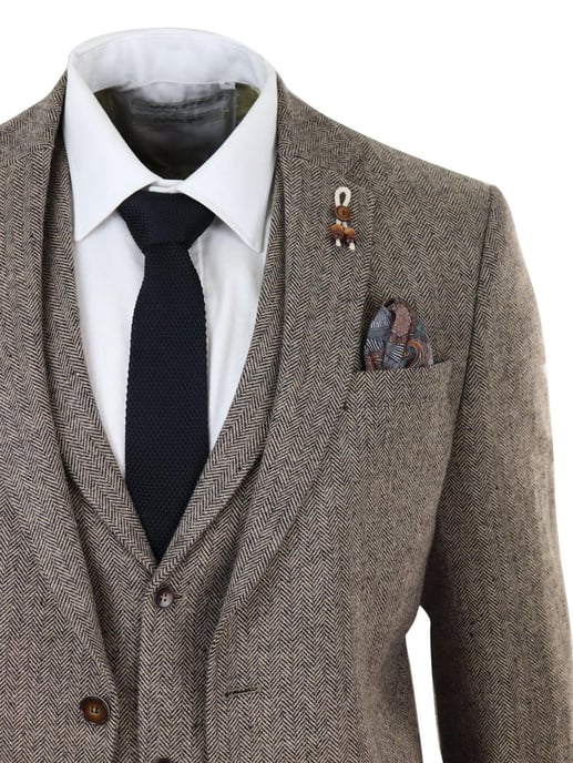Heren Eikenbruin 3-delige Tweed Kostuum Vintage Haringbeen 1920s Retro Peaky Blinders - Image 5
