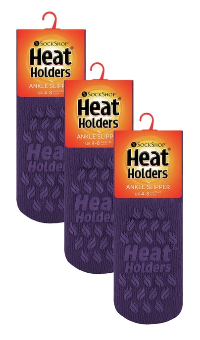 3 Paar Multiverpakking Dames Enkelpantoffelsokken | Heat Holders | Fleece laag uitgesneden pluizige damessokken met grijpers - Diepste Pruimen - Image 2