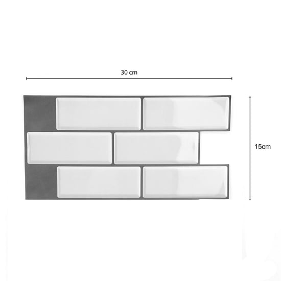 White Metro Glossy 3D Sticker Tile 30 x 15 cm - 12 pcs 3D Tiles Wall Stickers, Kitchen, Bathroom, Living room, peel and stick