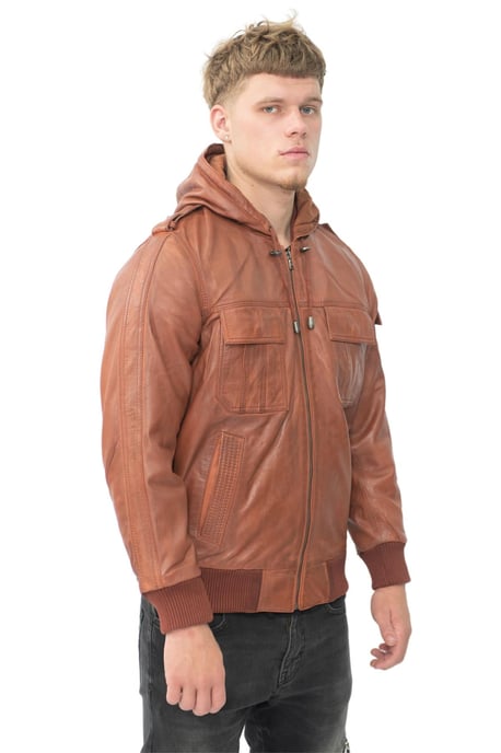 Mens Tan Leather Hooded Bomber Jacket - Tirana