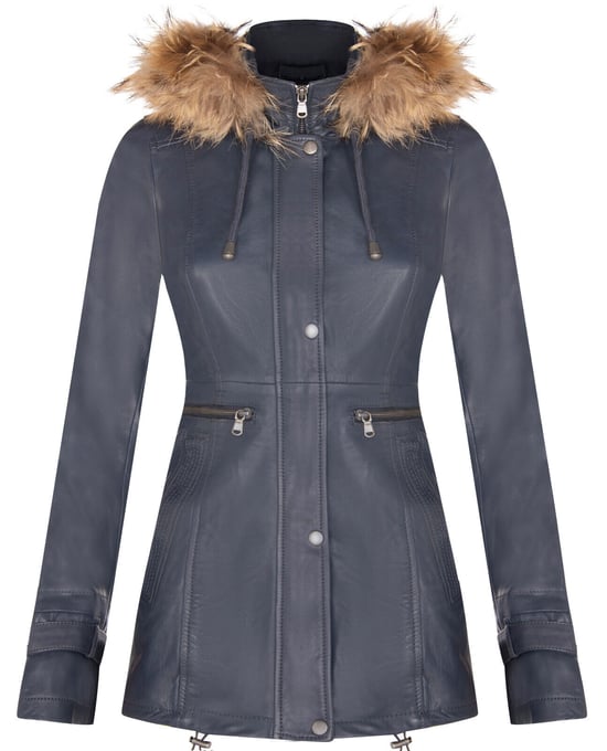 Warm women's leather parka jacket with hood - Northwich