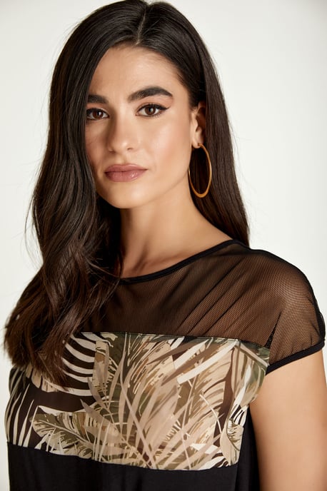 Black Leaf Print Top with Ties
