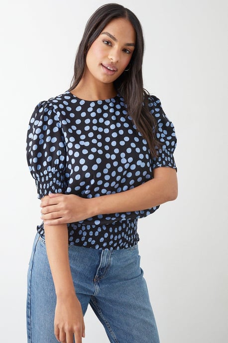Blue Spot Shirred Hem Blouse