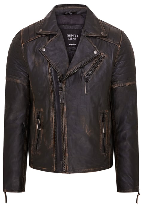 Mens Vintage Black Brando Double Cross Zip Leather Biker Jacket- Fagernes