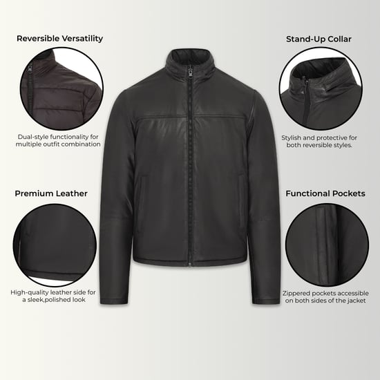 Mens Black Reversible Bomber Leather Jacket - Raufoss