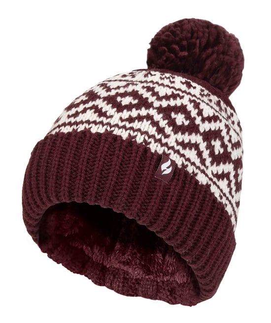 Dames Geprinte Omgeslagen Bobble Muts | Heat Holders | Chunky Kabelbrei met Heatweaver Fleece Voering | Billingen Stijl - Wijn - Image 1