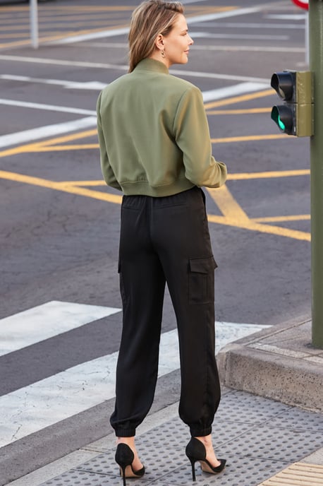 Black Satin Utility Trousers With Gold Buckle