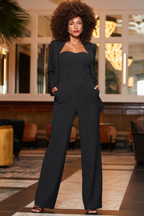 Black & White Pinstripe Wide Leg Bandeau Jumpsuit