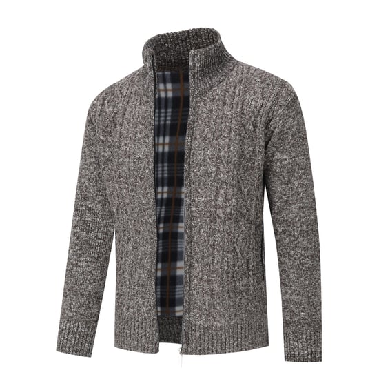 Men's Cardigan with Zip Cardigan Chunky Knit with Stand-Up Collar for Winter Brown