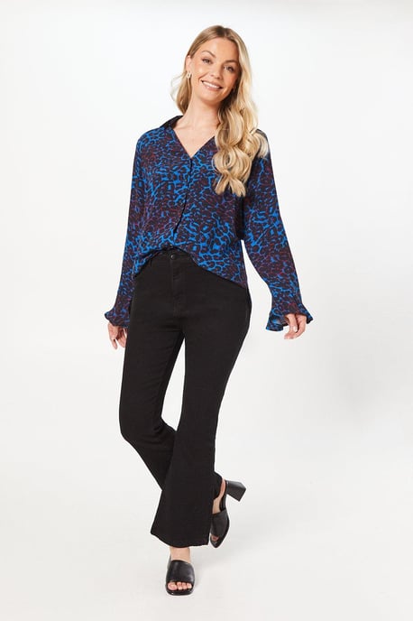 Blue Animal Frill Sleeve Button Through Shirt - Image 1