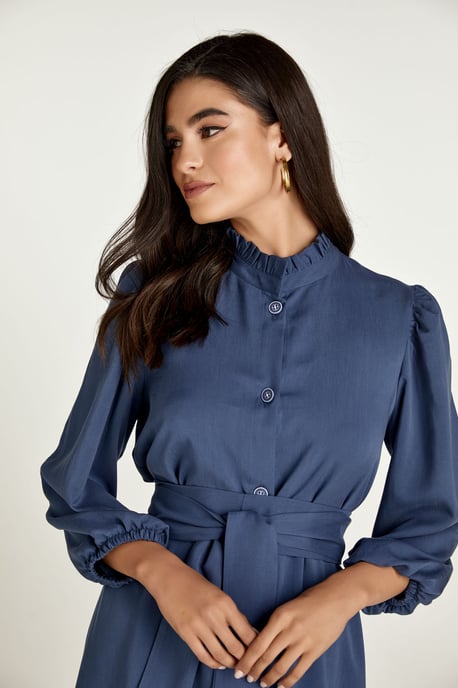 Belted Long Sleeve Indigo Dress in Tencel