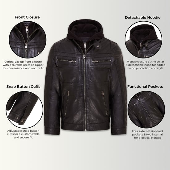 Mens Black Hooded Leather Biker Jacket - Stavern