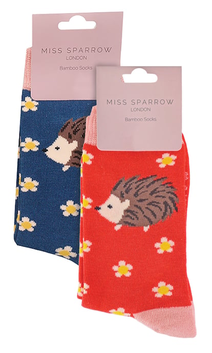 Set van 2 sokken met dierenprint voor meisjes | Miss Sparrow | Casual grappig patroon crew bamboe sokken | Grappige nieuwe sokken voor kinderen - Egels - Image 2