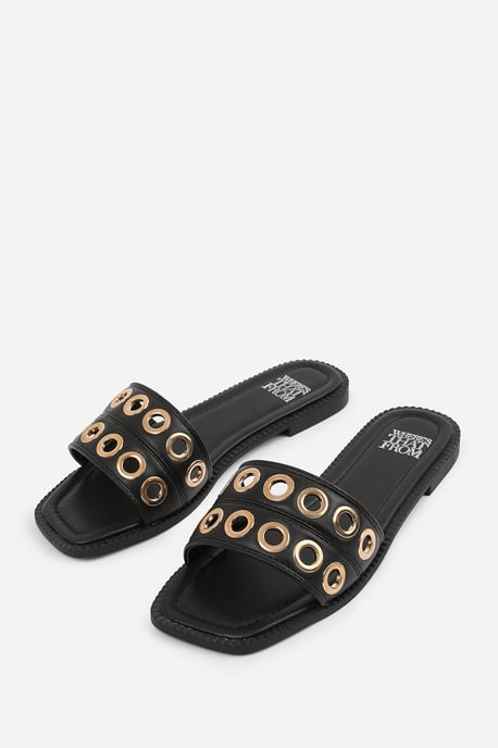 Women's Wheres That From Open Toe Flat Slide Sandals in BlackPU - Image 3