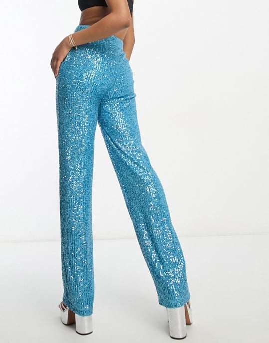 ASOS DESIGN Tall straight sequin ankle grazer trousers in turquoise-Blue