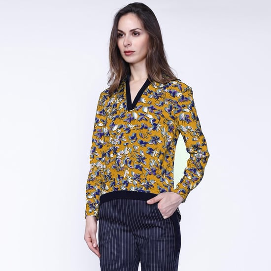 Satin Col-V Blouse en bladeren print - Image 1
