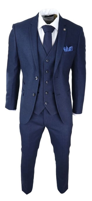 Heren 3-delige marineblauwe birdseye tweed klassieke pak - Image 2