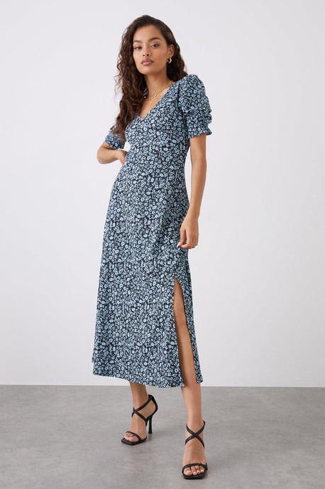 Petite Blue Floral V Neck Midi Dress - Image 2