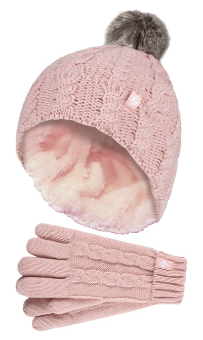Heat Holders Meisjes Cable Bobble Muts En Handschoenen Set - Schemerig Roze - Image 1