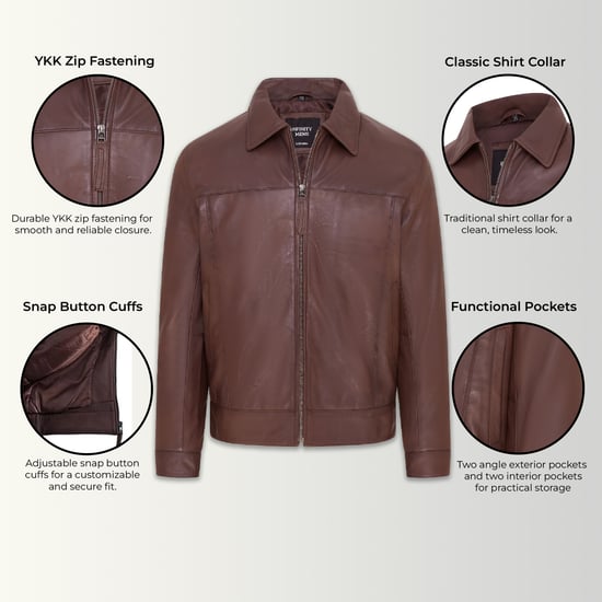 Mens Brown Retro Classic Leather Harrington Biker Jacket - Drammen