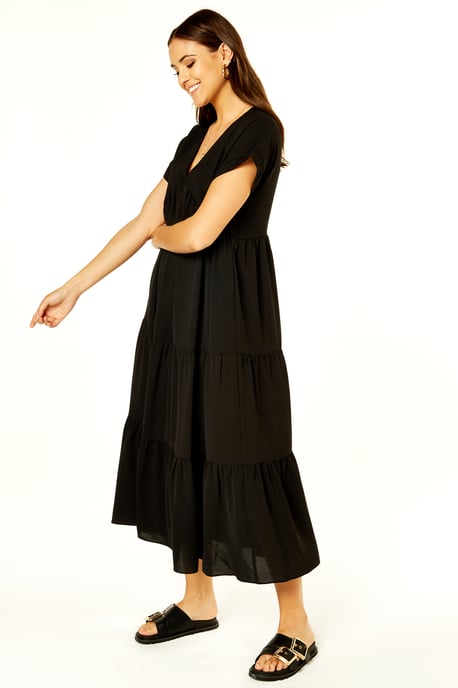 V Neck Tiered Midi Smock Dress
