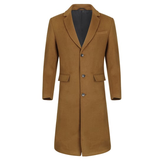 Heren Knielange Winter Wollen Jas Slim Fit Omslagkraag Zakelijke Jassen Khaki - Image 1