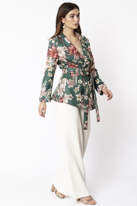 Faux Suede Floral Digital Print Tie Waist Jacket