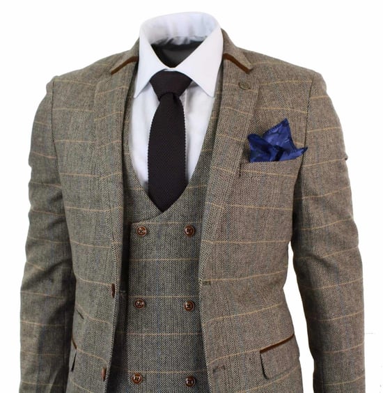 Heren 3-delig bruin visgraat tweed geruit pak - Image 3