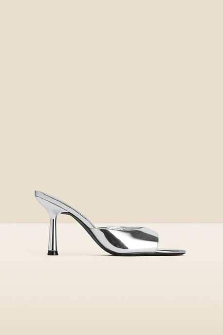Silver Leather Flared Heel Pointed Toe Mules