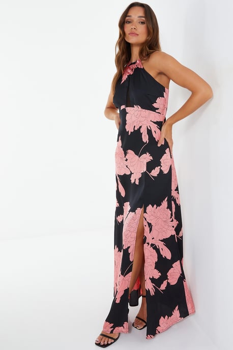 Black Floral Halter Neck Maxi Dress