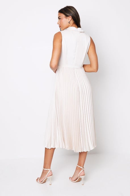 Satin Collared Midi Dress With Pleated Skirt