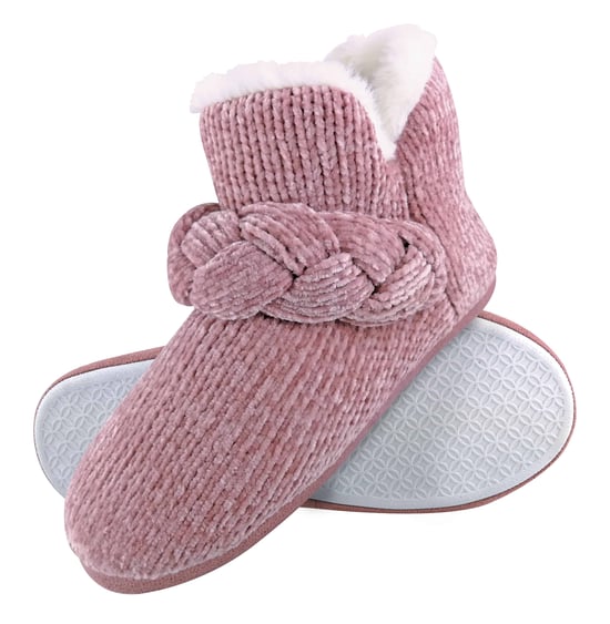 Dunlop - Dames Gebreide Warme Fleece Pluche Slippers Laarsjes in Grijs Fairisle en Roze Katoen Stijl - Image 1