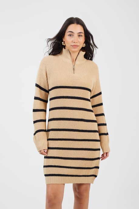 Camel Striped Knitted Half Zip Mini Dress
