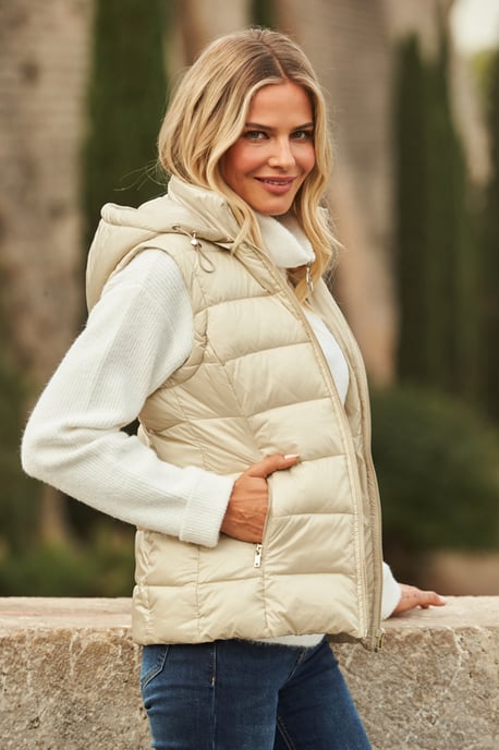 Stone Hooded Padded Gilet With Zip Pockets