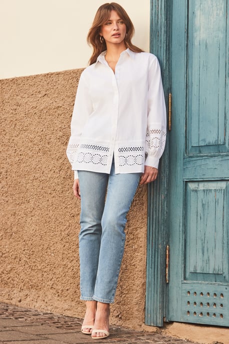 White Broderie Detail Balloon Sleeve Cotton Shirt